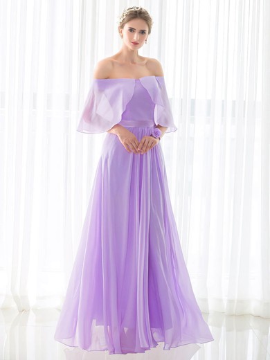 Chiffon A-line Off-the-shoulder Floor-length with Sashes / Ribbons Bridesmaid Dresses #JCD01013433