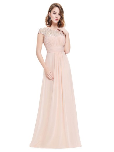 Lace|Chiffon A-line Scoop Neck Floor-length with Pleats Bridesmaid Dresses #JCD01013437