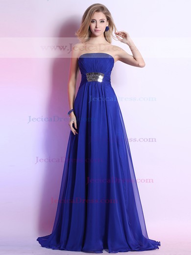 Ladies Strapless A-line Pleats Sweep Train Royal Blue Chiffon Prom Dress #JCD02023103