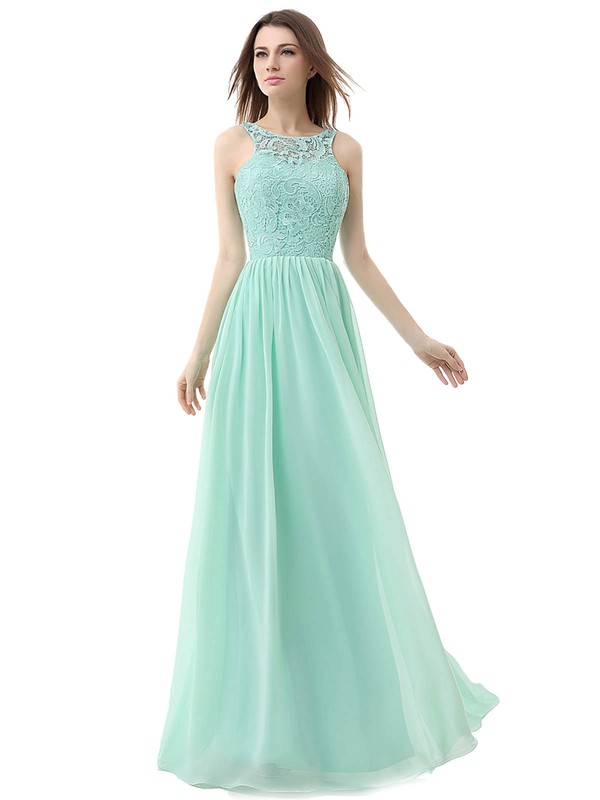 Chiffon A-line Scoop Neck Floor-length with Lace Bridesmaid Dresses #JCD01013459