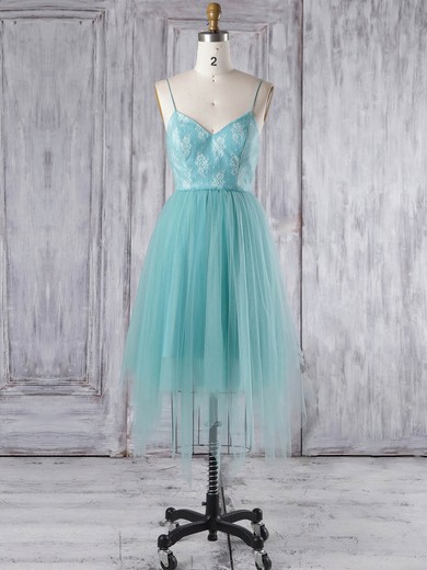 Tulle A-line V-neck Asymmetrical with Lace Bridesmaid Dresses #JCD01013348