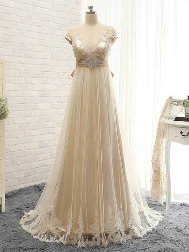 Tulle Empire V-neck Sweep Train with Appliques Lace Bridesmaid Dresses #JCD01013397