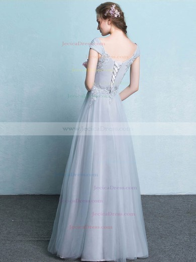 Tulle A-line V-neck Floor-length with Appliques Lace Bridesmaid Dresses #JCD01013425