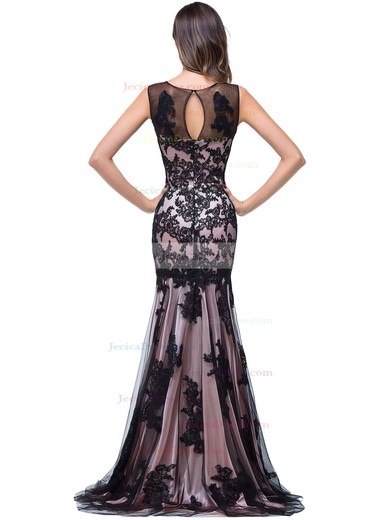 Tulle Trumpet/Mermaid Scoop Neck Sweep Train with Appliques Lace Prom Dresses #JCD020104144