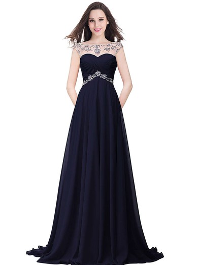 Chiffon Tulle A-line Scoop Neck Sweep Train with Beading Prom Dresses #JCD020104145