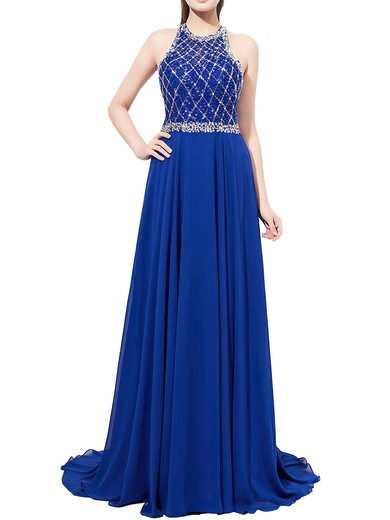 Chiffon A-line Scoop Neck Sweep Train with Beading Prom Dresses #JCD020104147