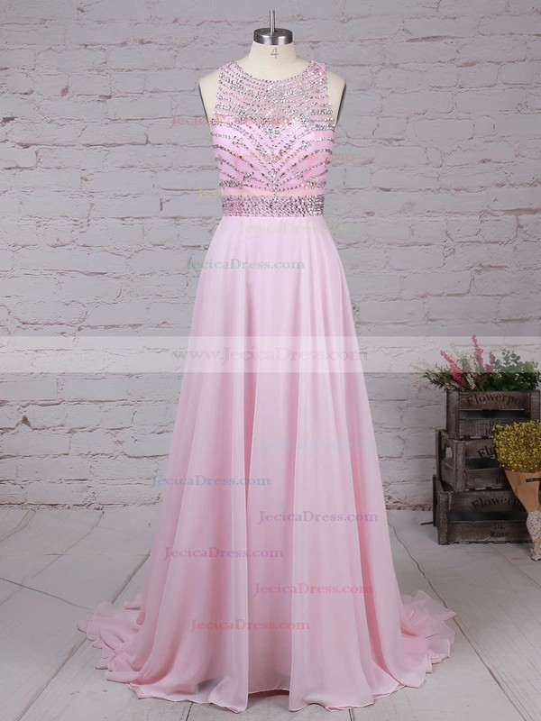 Chiffon Tulle A-line Scoop Neck Sweep Train with Crystal Detailing Prom Dresses #JCD020104148
