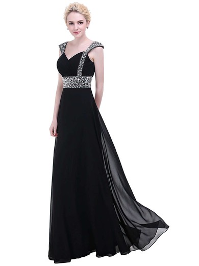 Chiffon A-line V-neck Floor-length with Beading Prom Dresses #JCD020104155