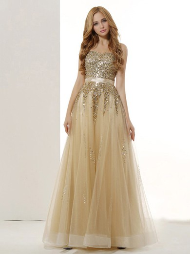 Tulle A-line Sweetheart Floor-length with Sashes / Ribbons Prom Dresses #JCD020104164