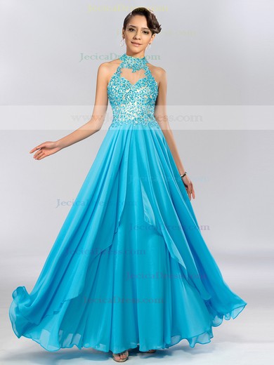 Chiffon Tulle A-line High Neck Floor-length with Appliques Lace Prom Dresses #JCD020104166