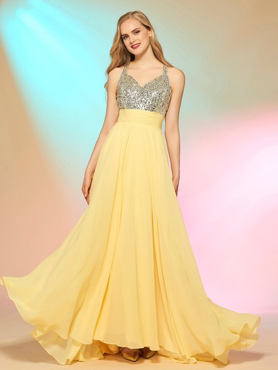 Chiffon A-line V-neck Floor-length with Beading Prom Dresses #JCD020104170