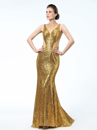 Tulle Sequined Trumpet/Mermaid Scoop Neck Sweep Train with Sequins Prom Dresses #JCD020104171