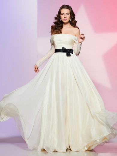 Chiffon A-line Off-the-shoulder Floor-length with Sashes / Ribbons Prom Dresses #JCD020104177