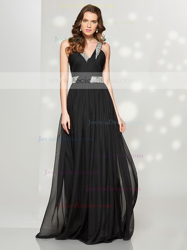 Chiffon A-line V-neck Floor-length with Beading Prom Dresses #JCD020104178