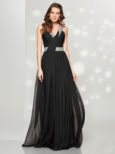 Chiffon A-line V-neck Floor-length with Beading Prom Dresses #JCD020104178