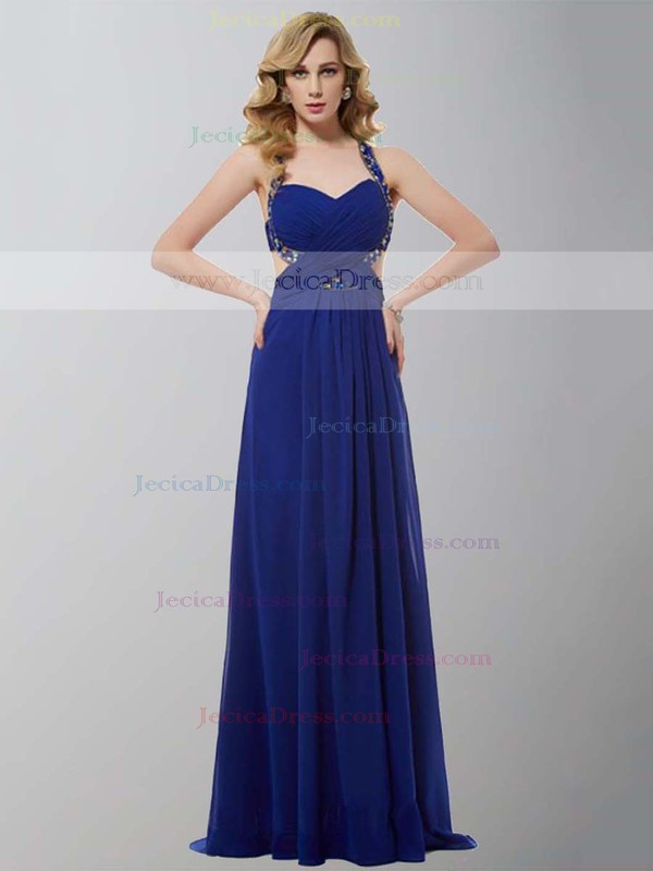 Chiffon A-line V-neck Sweep Train with Beading Prom Dresses #JCD020104182