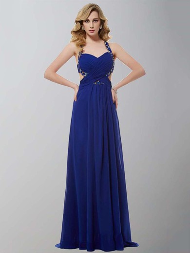Chiffon A-line V-neck Sweep Train with Beading Prom Dresses #JCD020104182