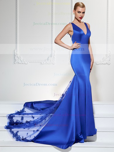 Satin Tulle Trumpet/Mermaid V-neck Sweep Train with Appliques Lace Prom Dresses #JCD020104184