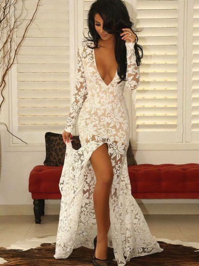 Lace Trumpet/Mermaid V-neck Floor-length with Split Front Prom Dresses #JCD020104185