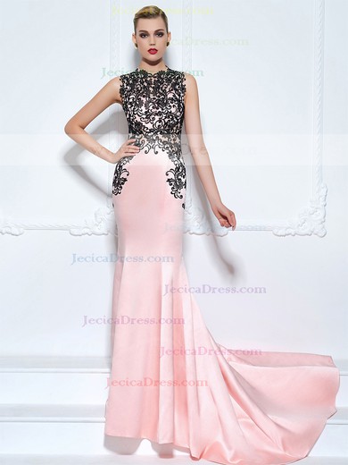 Satin Tulle Trumpet/Mermaid High Neck Sweep Train with Appliques Lace Prom Dresses #JCD020104186