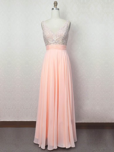Chiffon A-line V-neck Floor-length with Crystal Detailing Prom Dresses #JCD020104195