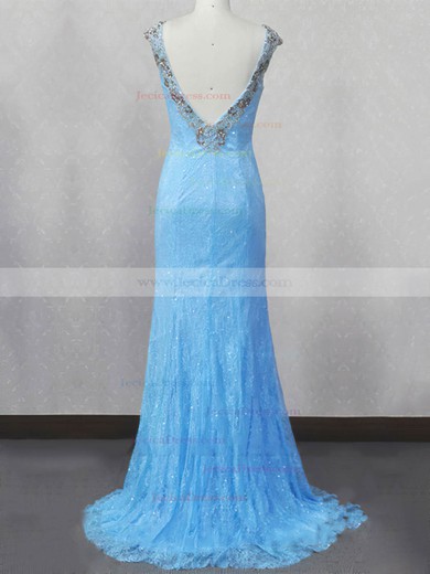 Lace Trumpet/Mermaid V-neck Sweep Train with Beading Prom Dresses #JCD020104197