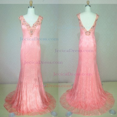 Lace Trumpet/Mermaid V-neck Sweep Train with Beading Prom Dresses #JCD020104198