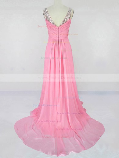 Chiffon A-line V-neck Sweep Train with Beading Prom Dresses #JCD020104200