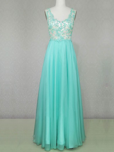 Chiffon Tulle A-line V-neck Floor-length with Beading Prom Dresses #JCD020104223