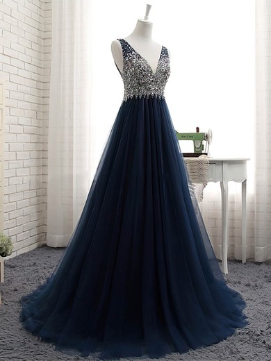 Tulle Princess V-neck Sweep Train with Crystal Detailing Prom Dresses #JCD020104226