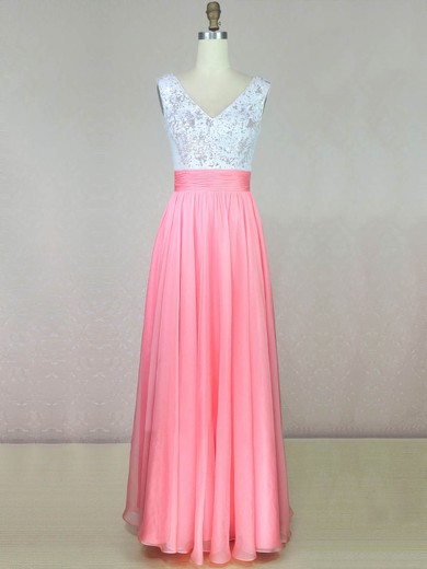Chiffon Sequined A-line V-neck Floor-length with Ruffles Prom Dresses #JCD020104235