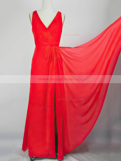 Chiffon A-line V-neck Floor-length with Split Front Prom Dresses #JCD020104238