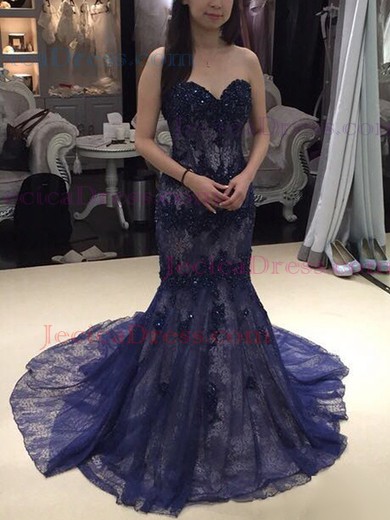Lace Trumpet/Mermaid Sweetheart Sweep Train with Beading Prom Dresses #JCD020104248