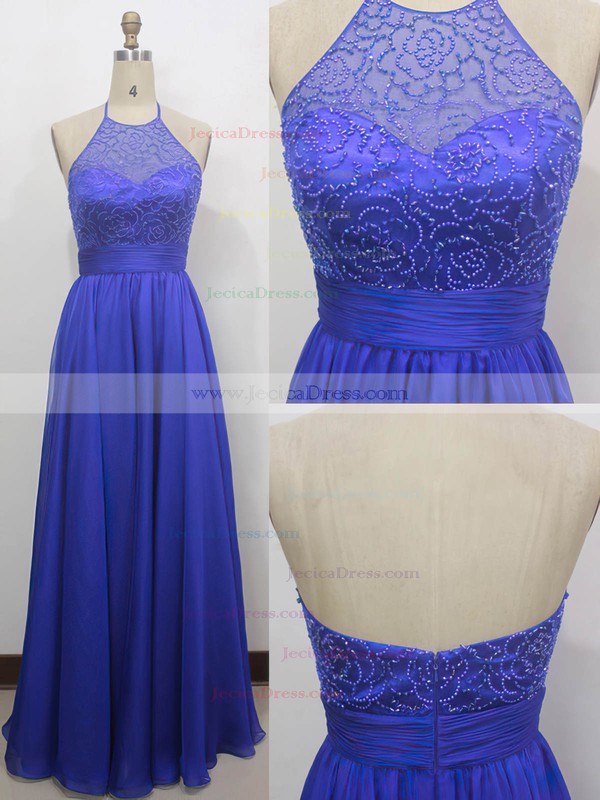 Chiffon Tulle A-line Halter Floor-length with Beading Prom Dresses #JCD020104258
