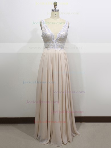 Chiffon A-line V-neck Floor-length with Appliques Lace Prom Dresses #JCD020104260