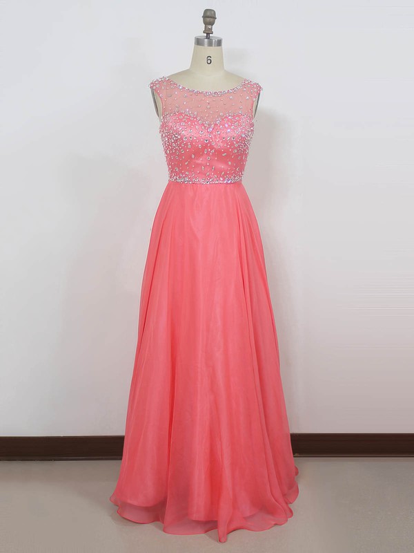 Tulle Chiffon A-line Scoop Neck Floor-length with Crystal Detailing Prom Dresses #JCD020104262