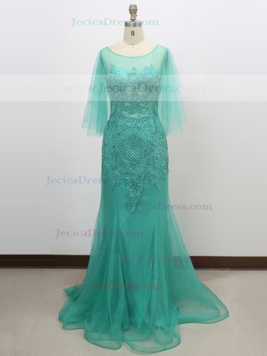 Tulle Trumpet/Mermaid Scoop Neck Sweep Train with Appliques Lace Prom Dresses #JCD020104266