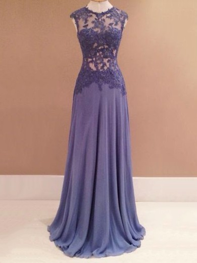 Chiffon Tulle A-line Scoop Neck Sweep Train with Appliques Lace Prom Dresses #JCD020104352