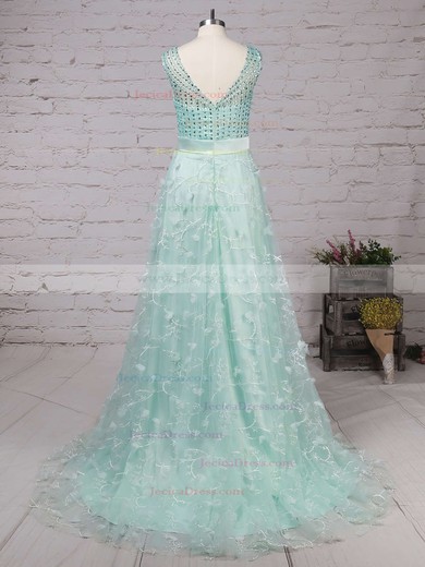 Tulle A-line V-neck Sweep Train with Sashes / Ribbons Prom Dresses #JCD020104353