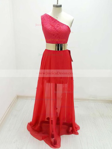 Lace Chiffon A-line One Shoulder Ankle-length with Split Front Prom Dresses #JCD020104359