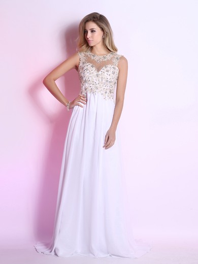 Scoop Neck Appliques Lace Open Back Sweep Train White Chiffon Prom Dress #JCD02014300