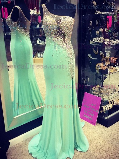 Chiffon Tulle Trumpet/Mermaid One Shoulder Sweep Train with Split Front Prom Dresses #JCD020104361