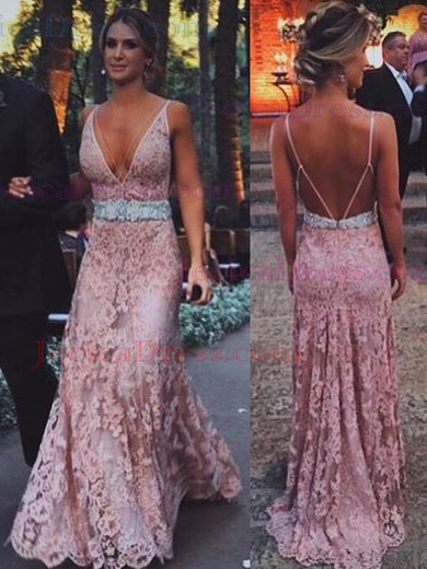 Lace Trumpet/Mermaid V-neck Sweep Train with Sashes / Ribbons Prom Dresses #JCD020104369