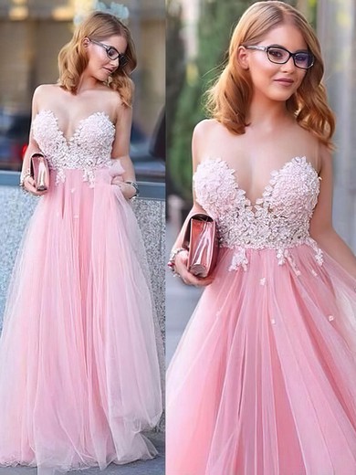 Tulle Princess Scoop Neck Floor-length with Appliques Lace Prom Dresses #JCD020104370