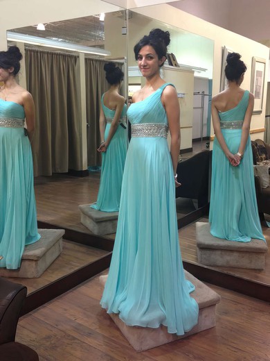 Chiffon A-line One Shoulder Floor-length with Beading Prom Dresses #JCD020104371
