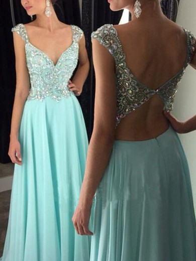 Chiffon Tulle A-line V-neck Floor-length with Beading Prom Dresses #JCD020104372