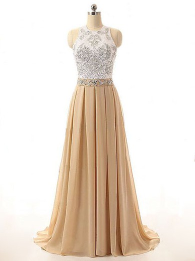 Chiffon Tulle A-line Scoop Neck Sweep Train with Beading Prom Dresses #JCD020104376
