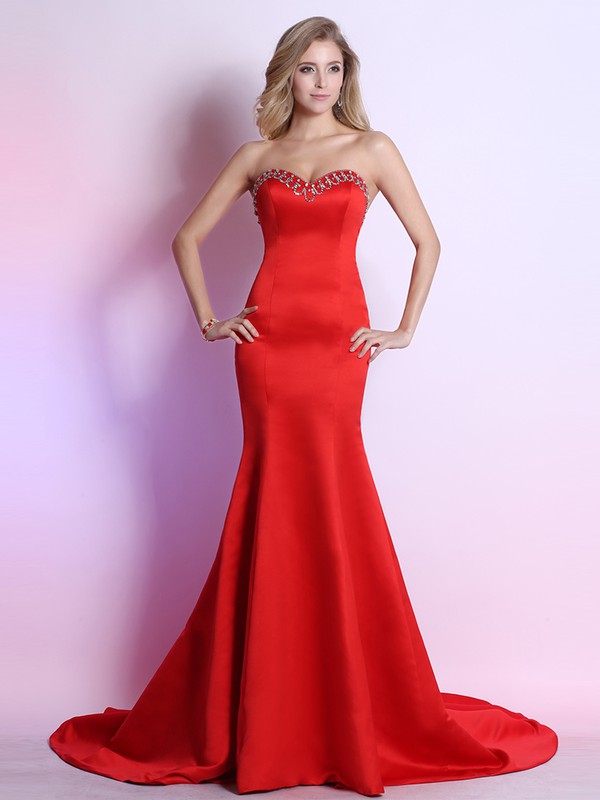 Elegant Sweetheart Red Satin Cascading Ruffles Trumpet/Mermaid Prom Dresses #JCD02023119