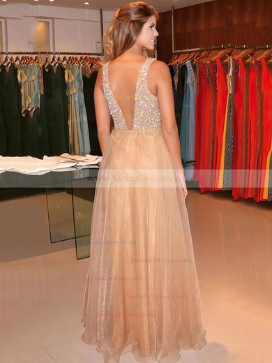 Organza Princess V-neck Floor-length with Crystal Detailing Prom Dresses #JCD020104393