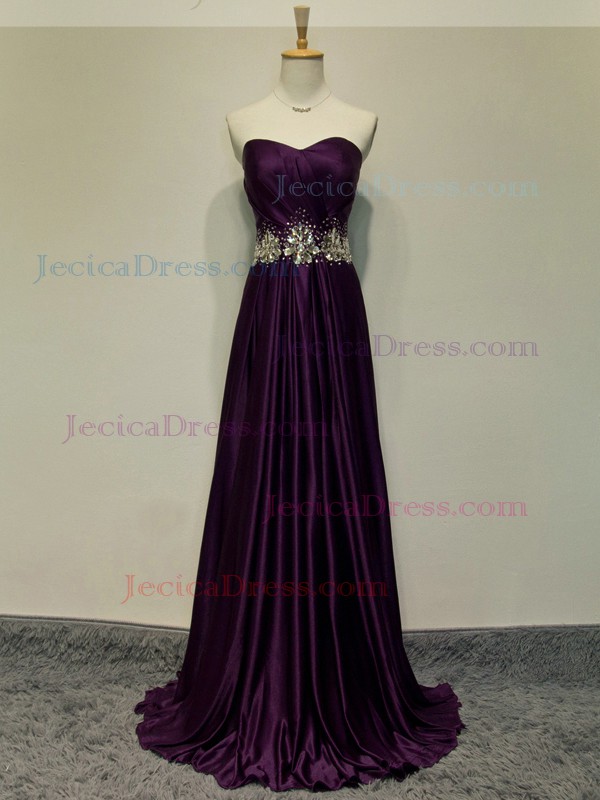 Silk-like Satin A-line Sweetheart Sweep Train with Crystal Detailing Prom Dresses #JCD020104394